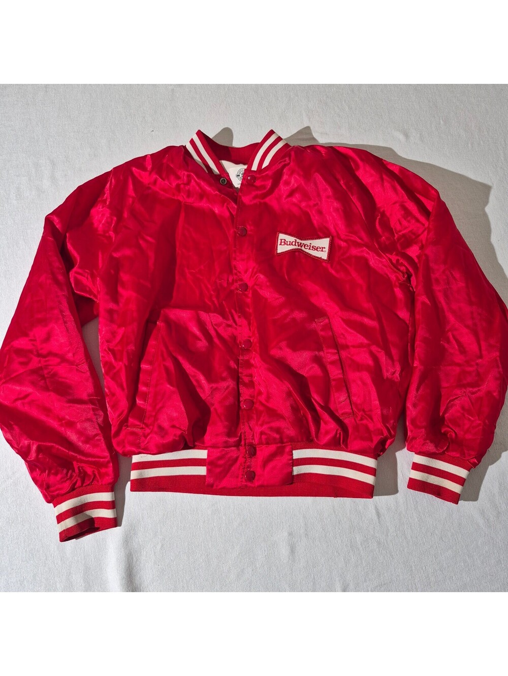 Vintage Budweiser -Slight Cigarette Smell- Red Small/Med satin bomber jacket